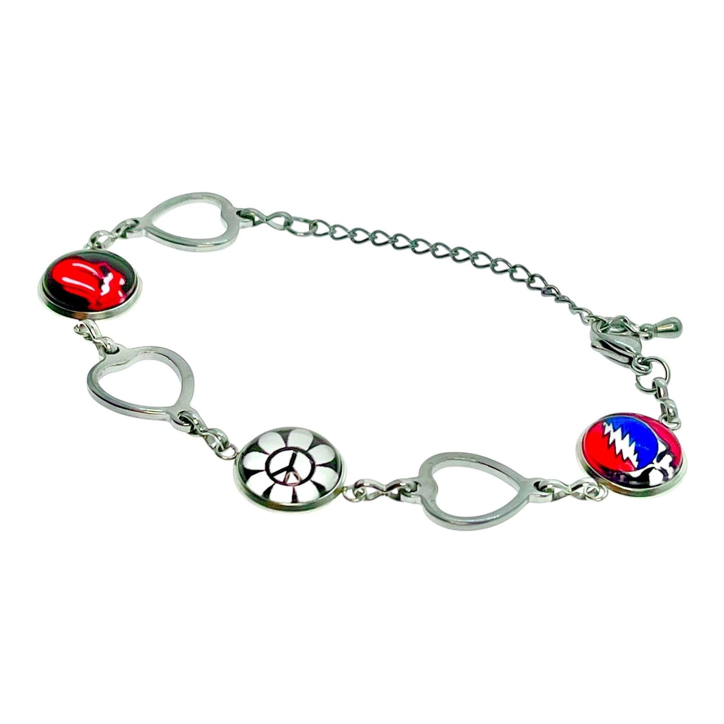 Grateful Dead Rolling Stones-Inspired Peace Sign Bracelet, Steal Your Face Jewelry, Mick Jagger, Wristlet, Classic Rock Bangle, Deadhead