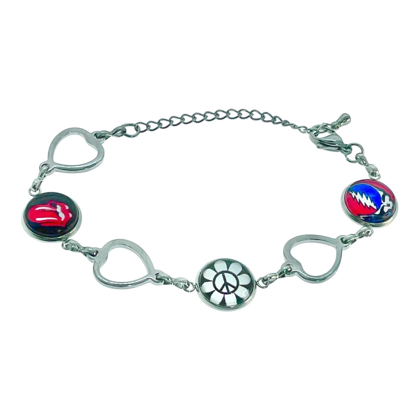 Grateful Dead Rolling Stones-Inspired Peace Sign Bracelet, Steal Your Face Jewelry, Mick Jagger, Wristlet, Classic Rock Bangle, Deadhead