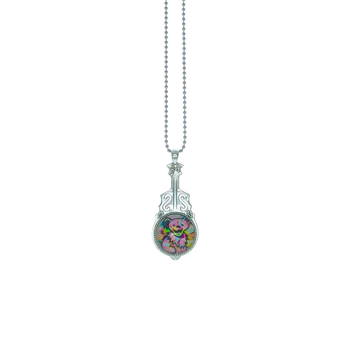 Colorful Dancing Bear Guitar Necklace Grateful Dead Inspired, Jerry Garcia Pendant, Deadhead Festival Wear, Psychedelic Rock Music Jewelry