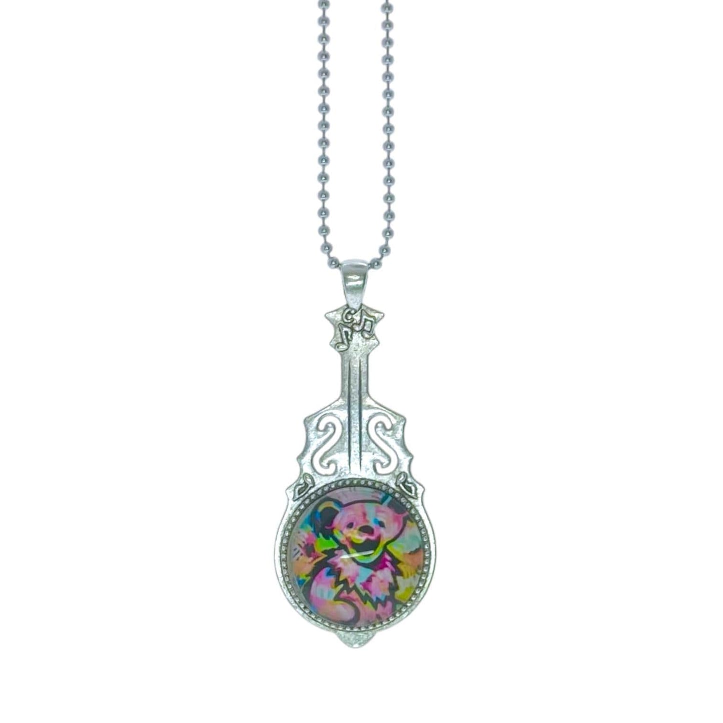 Colorful Dancing Bear Guitar Necklace Grateful Dead Inspired, Jerry Garcia Pendant, Deadhead Festival Wear, Psychedelic Rock Music Jewelry