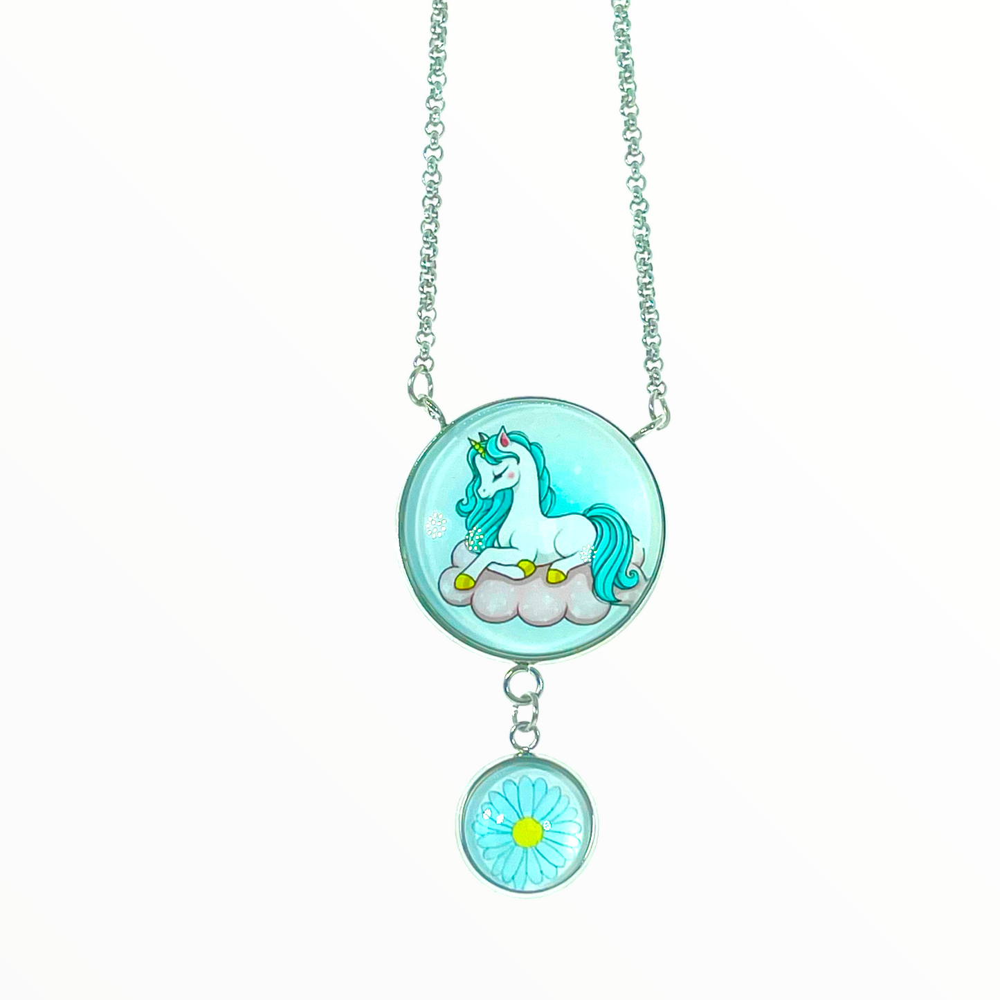 Blue Magic Unicorn Double Round Dangler Necklace