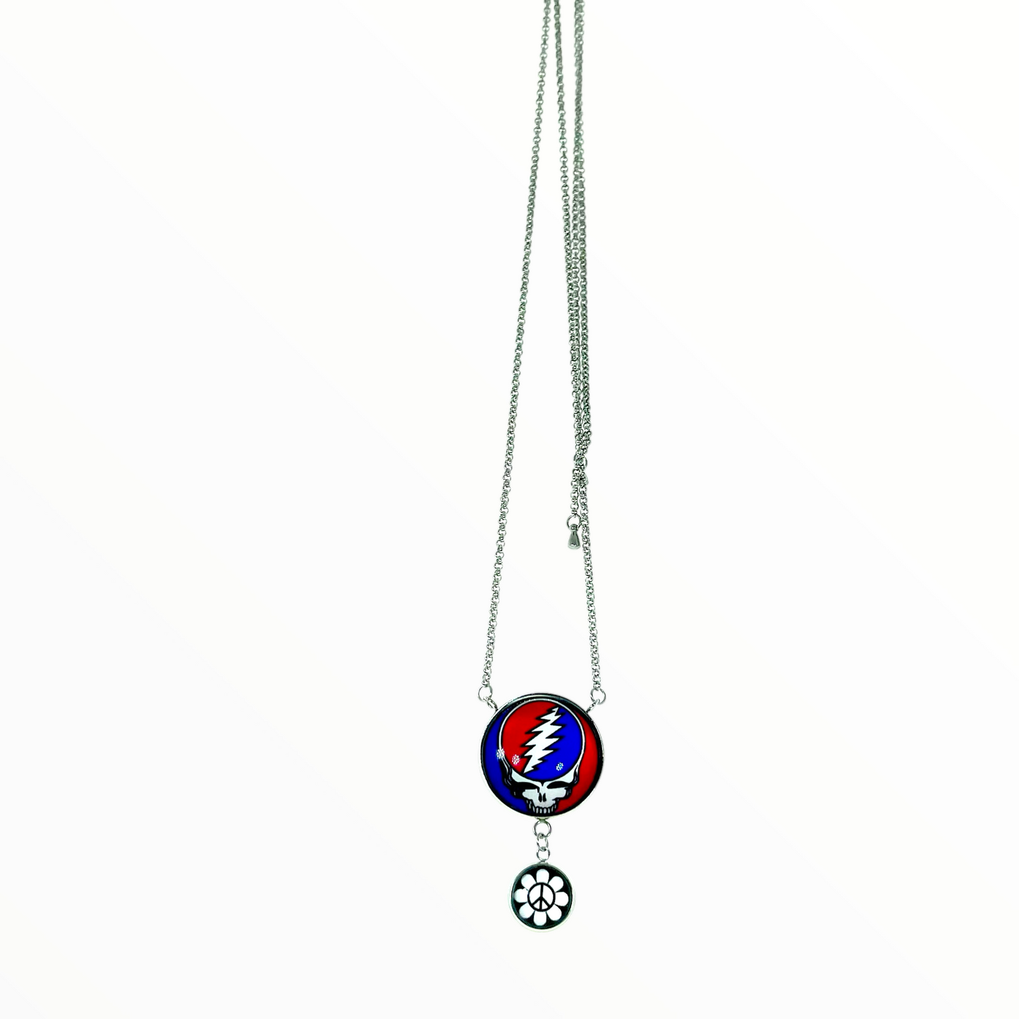 Grateful Dead Inspired Peace Flower Double Round Dangler Necklace