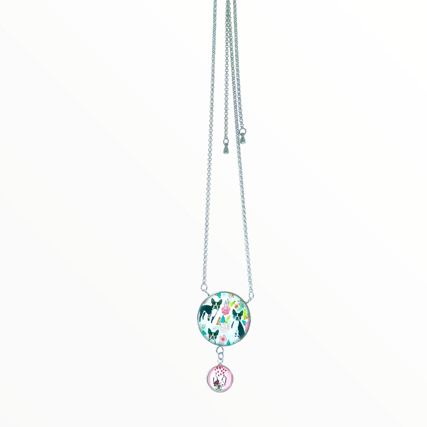 Frilly French Bulldog Double Round Dangler Necklace