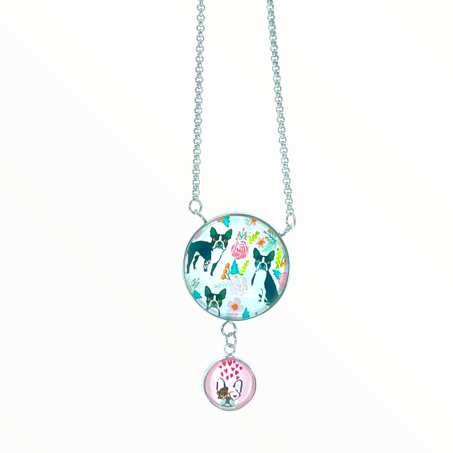 Frilly French Bulldog Double Round Dangler Necklace