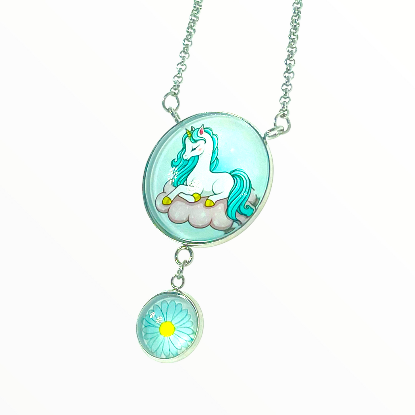 Blue Magic Unicorn Double Round Dangler Necklace
