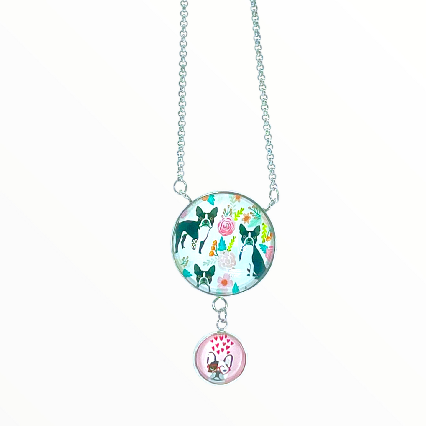 Frilly French Bulldog Double Round Dangler Necklace