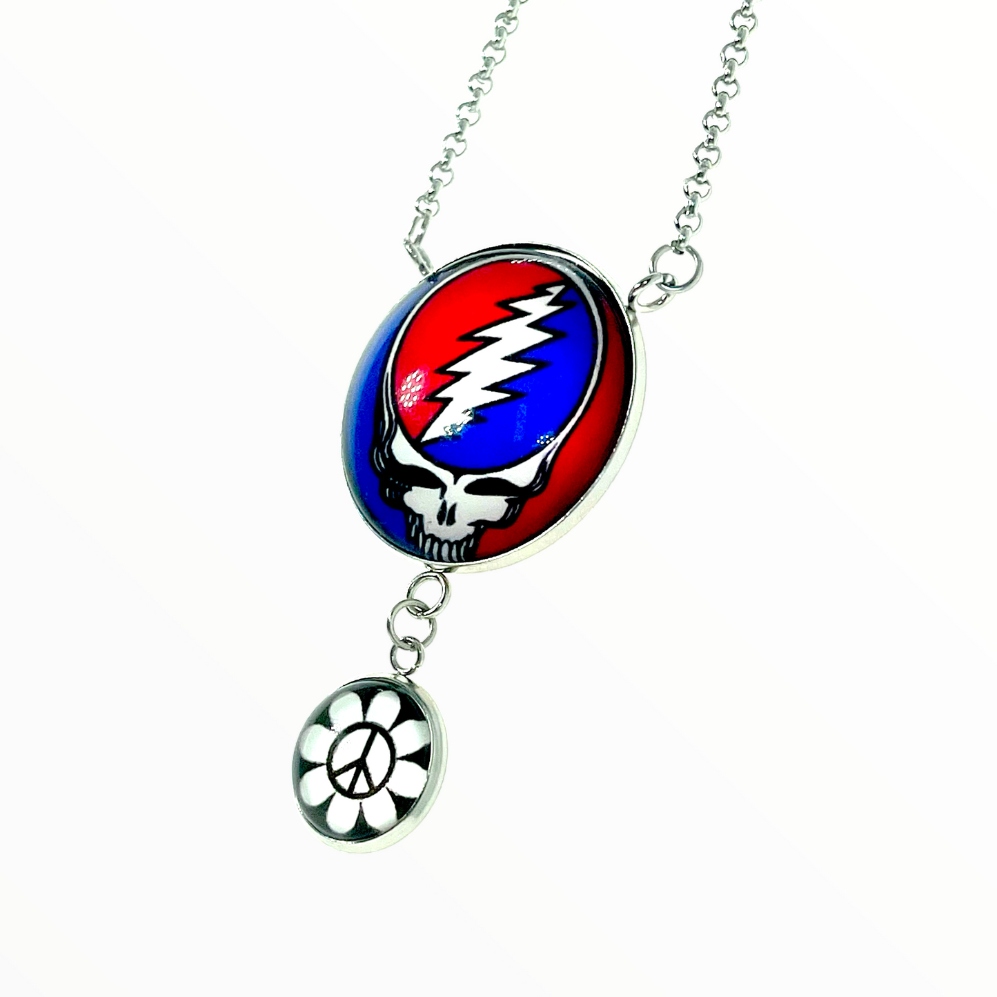 Grateful Dead Inspired Peace Flower Double Round Dangler Necklace