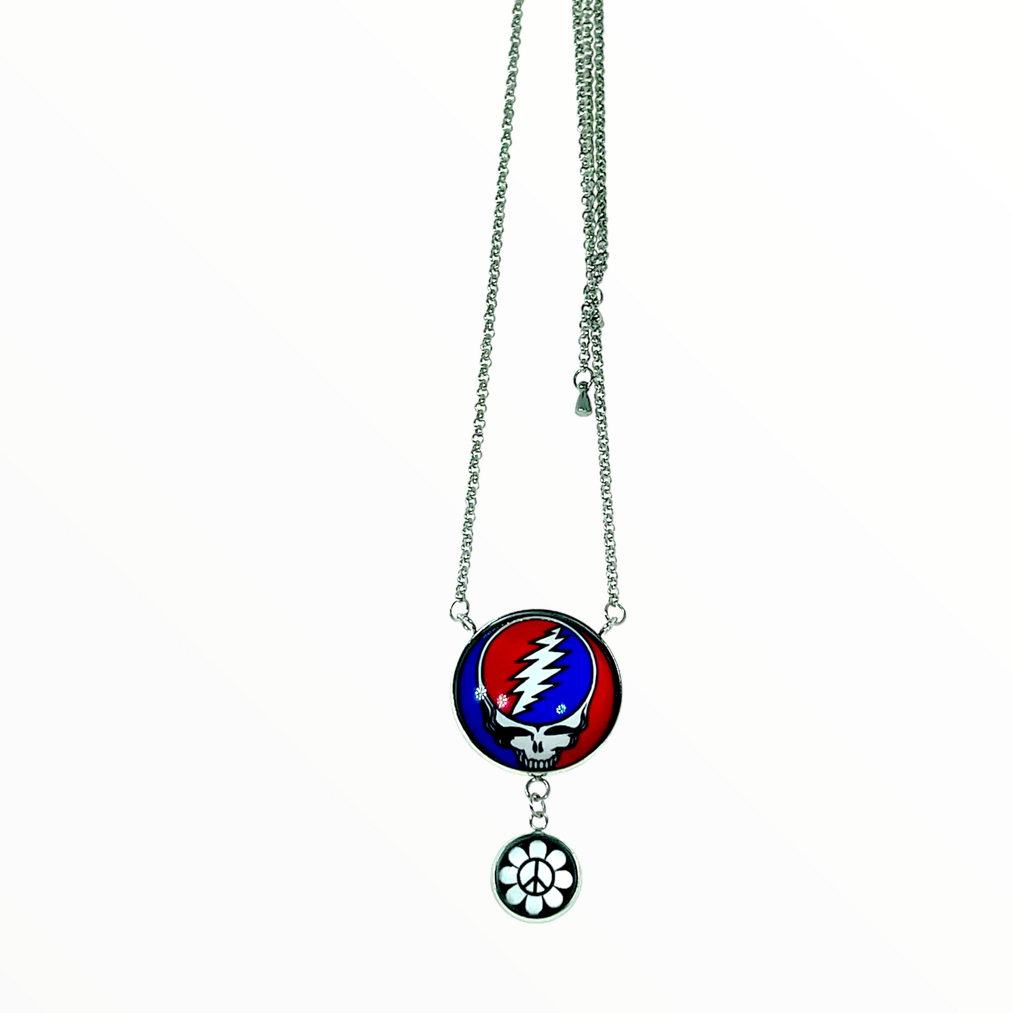 Grateful Dead Inspired Peace Flower Double Round Dangler Necklace