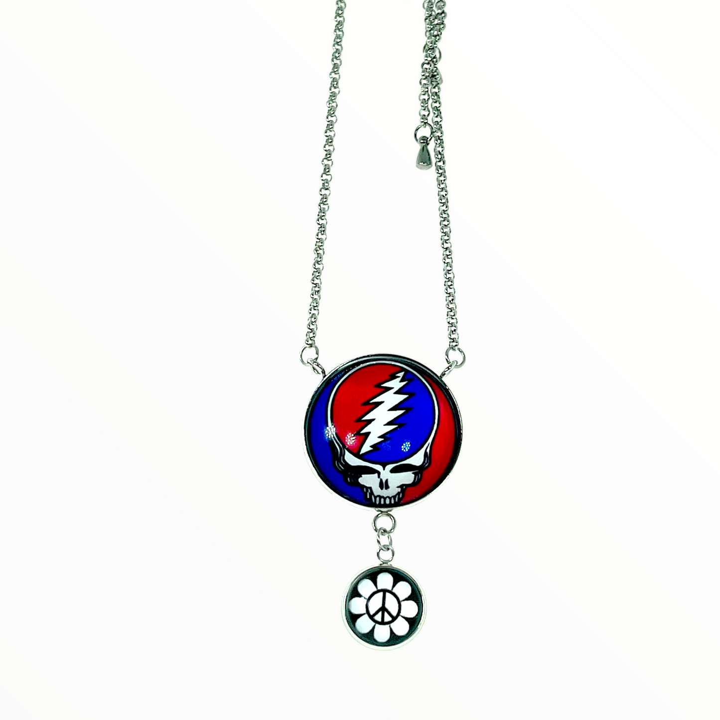 Grateful Dead Inspired Peace Flower Double Round Dangler Necklace