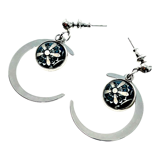 Golden Daisy Crescent Moon Earrings